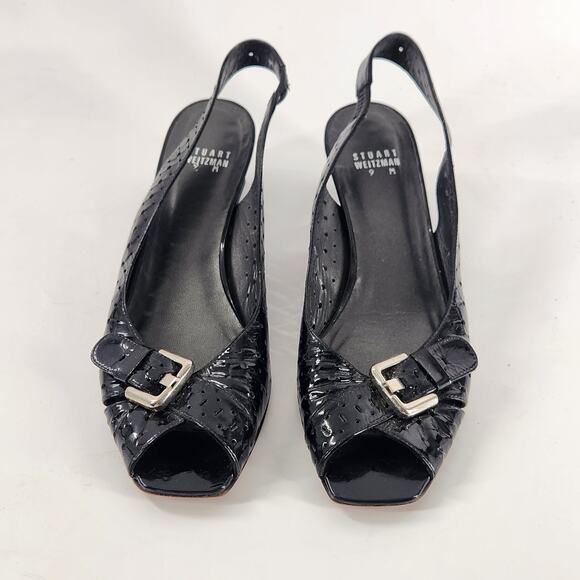 Stuart Weitzman Peep Toe Wedge Sandals Size 9M Black Patent Leather Low Heel - Picture 2 of 8